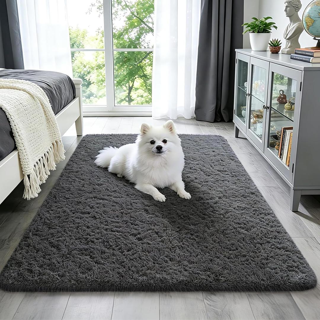 Ophanie 3x5 Rug, Dorm Bedside Preppy Area Rug, College Essentials Non Slip Grey Small Carpets for Bedroom, Anti Slip Fluffy Gray Living Room Rugs Home Decor Aesthetic, Nursery