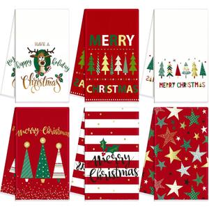 6 Pcs Christmas Kitchen Towels Red Green White Xmas Dish Towels 15.8 x 23.6 Inch Decorative Star Stripe Christmas Tree Hand Towel Farmhouse Tea Towel Kitchen Decor for Winter Housewarming Gift