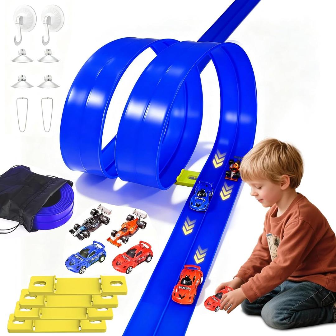Flexible Race Track Toys for Kids: 20 Ft Flex Race Car Ramp Track with Suction Cups - Rolls Up Portable DIY Racetrack with 4 Racing Cars- Birthday Gifts for Boys Girls Ages 3+