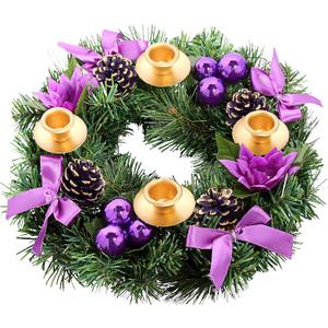 Purple Ribbon Christmas Advent Wreath - for Advent Calendar Season - Centerpiece Decor Candle Holder and X-mas Decorations