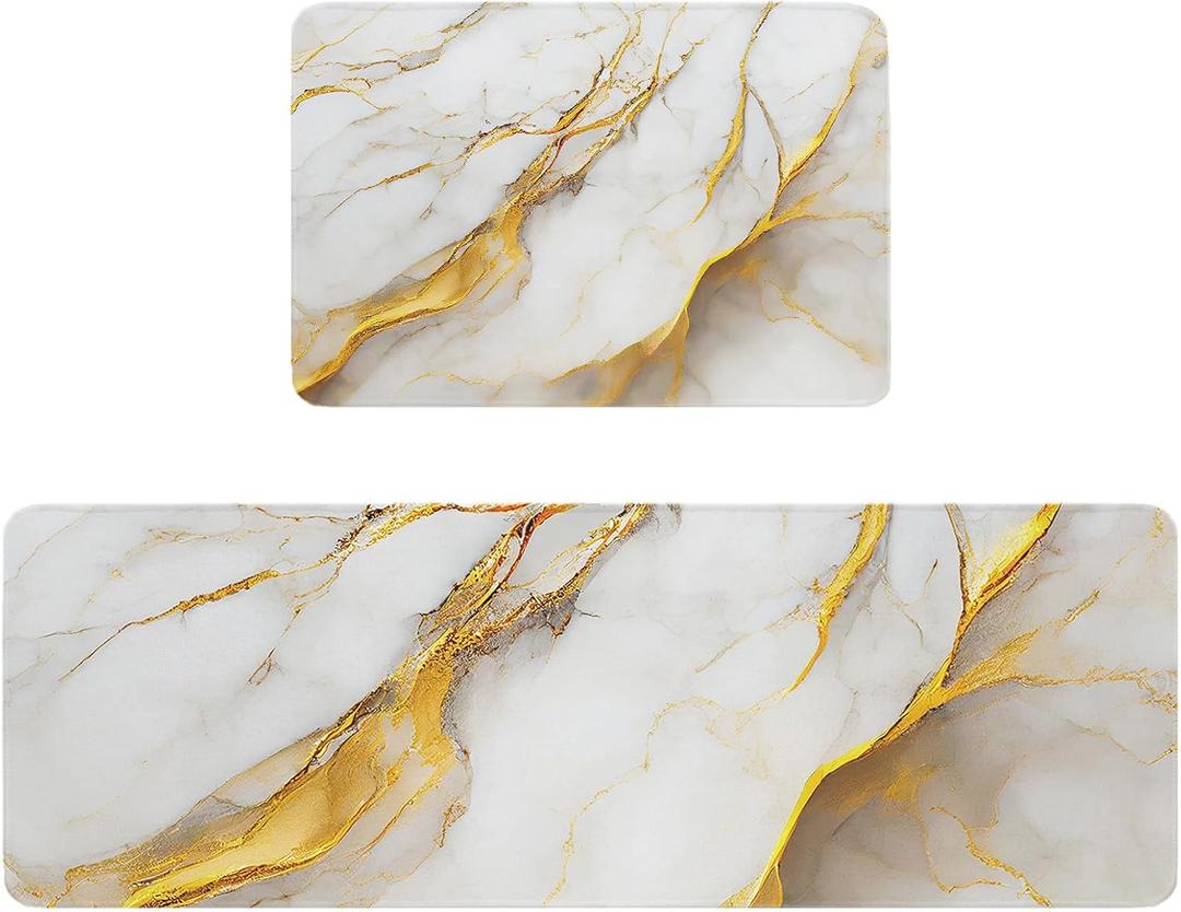 Kitchen Rugs and Mats, Retro White Marble Gold Veins 2 Piece Area Runner Rug Set Comfort Standing Floor Mat, Abstract Geometric Art Non Slip Absorbent Doormats for Laundry/Bathroom/Bedroom (18x30in+18x48in, Multi Color)
