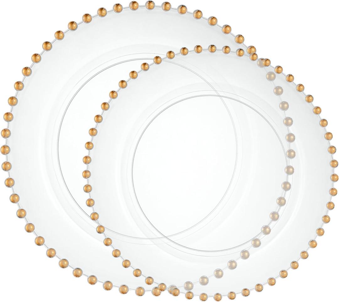 PLASTICPRO 32 Piece Combo Plastic Dinner Plates Disposable Plastic Fancy Heavy Duty Party Dishes 7 inch and 10 inch, Clear and Gold Beaded