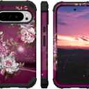 Hocase for Google Pixel 9 Pro XL Case, Shockproof Heavy Duty Protection Hard Plastic+Silicone Rubber Bumper Hybrid Protective Case for Google Pixel 9 Pro XL 6.8" 2024 - Royal Purple Flowers