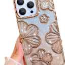 KANGHAR Compatible with iPhone 15 Pro Max Case Glitter Bling Luxury Plating Gradient Flowers Designed for Women Girls, Slim Fit Soft TPU Shockproof Protective Cover - Gold Floral