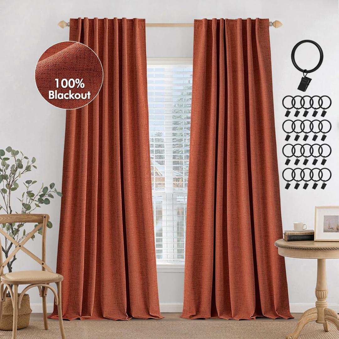 MIULEE Terracotta 100% Blackout Curtains 84 inches Long, Linen Curtains for Bedroom Black Out Window Treatments Thermal Insulated Room Darkening Drapes Back Tab Burnt Orange Rust Fall Decor 2 Panels