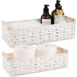 OIAHOMY Toilet Paper Baskets Handmade Paper Rope Decorative Wicker Storage Tank Shelf Cabinet Organizer for Bathroom Home, Set of 2, White