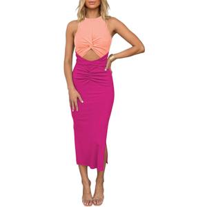 Summer Midi Bodycon Dresses Women Cutout Ruched Side Slit Stretchy Tie Tank Top Dress Peach Pink M