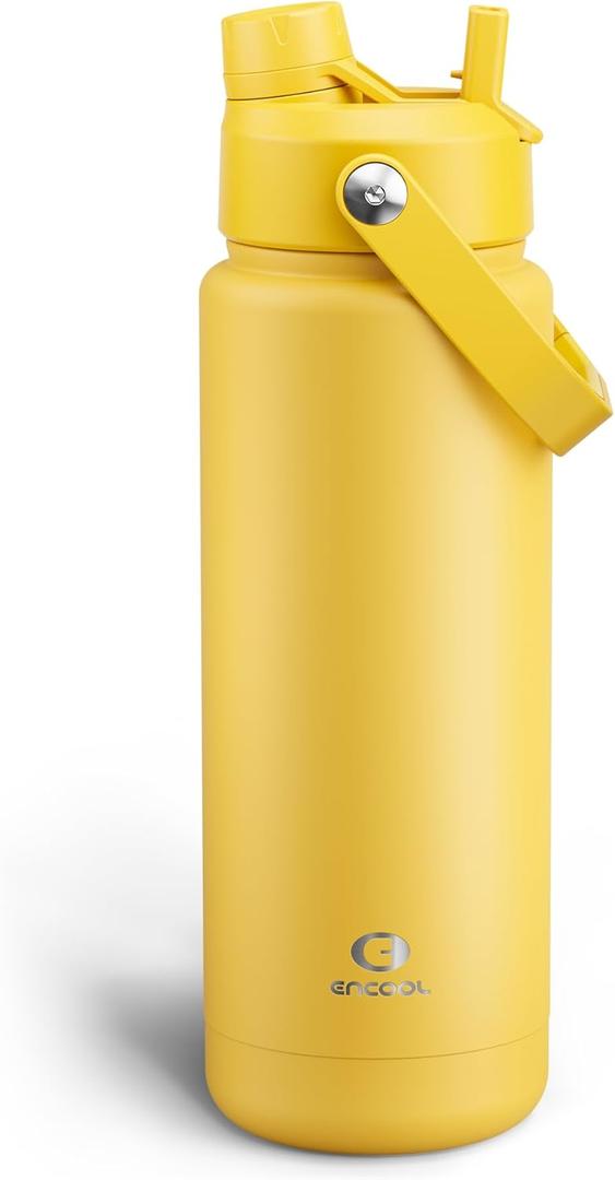 ENCOOL Insulated Water Bottle with Straw Stainless Steel Water Bottle, Leak-Proof, BPA-Free, Double Wall Vacuum Keeps Cold for 24 Hours for Sports, Travel, School (32 oz, Elfin Yellow)