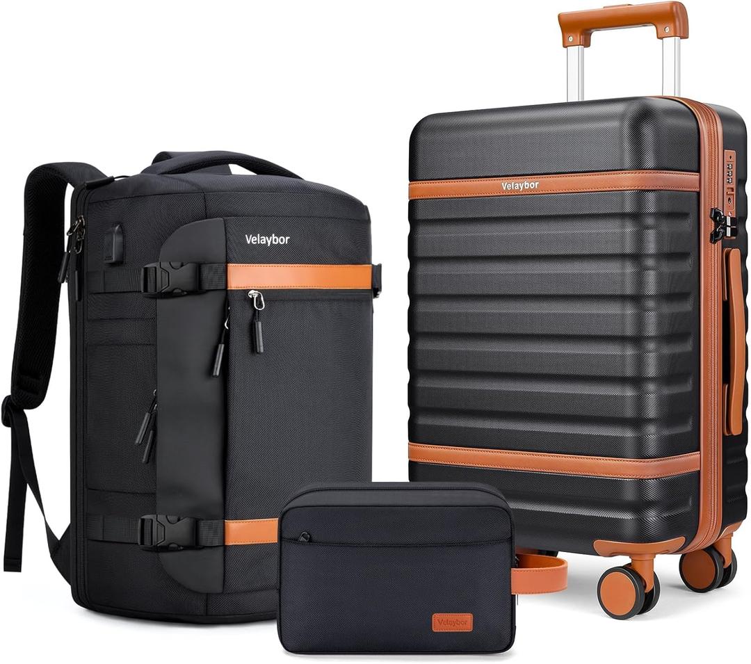 Luggage Sets 3 Piece with Spinner Wheels, Lightweight PC Hardside Suitcase with TSA Lock & YKK Zippers, 20 Inch Carry On Luggage with Travel Bag for Men and Women, Black