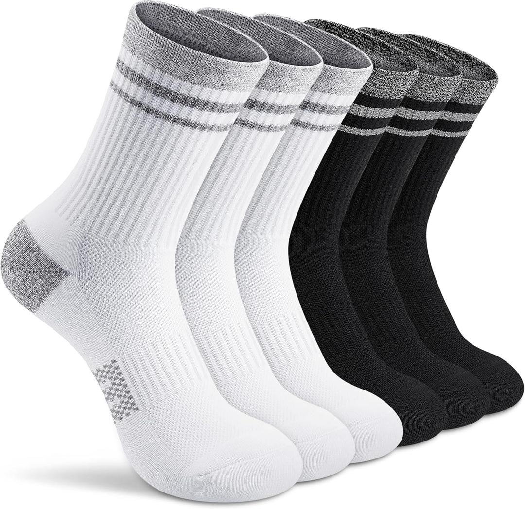 Gonii Crew Socks Women Running Hiking Thick Cushiones Athletic Socks 5-6 Pairs 8-10 Size (3 White + 3 Black)