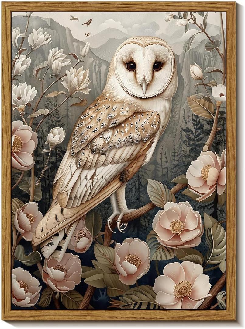 Djmwtb Framed Wall Art Vintage Wall Decor Owl Canvas Art Wildlife Pictures Floral Paintings Forest Prints Nature Artwork for Bedroom Living Room