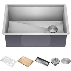KRAUS Kore 28-Inch Undermount Workstation 16 Gauge Single Bowl Stainless Steel Kitchen Sink with Accessories, KWU110-28, Black Case Did Not Open