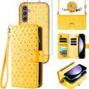 Compatible with Samsung Galaxy S23 FE 5G Wallet Case Zipper Cell and Tempered Glass Screen Protector Crossbody Strap Glitter Flip Card Holder Phone Cover for S 23 EF S23FE 23S Women Yellow
