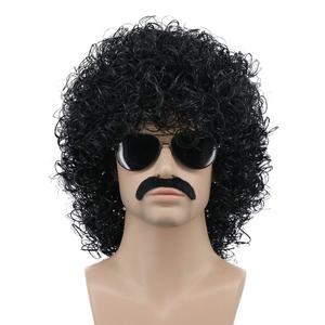 karlery Mens Short Curly Black Mustache Beard Afro Wig California Rocker Disco Halloween Cosplay Anime Costume Party Wig (Black)