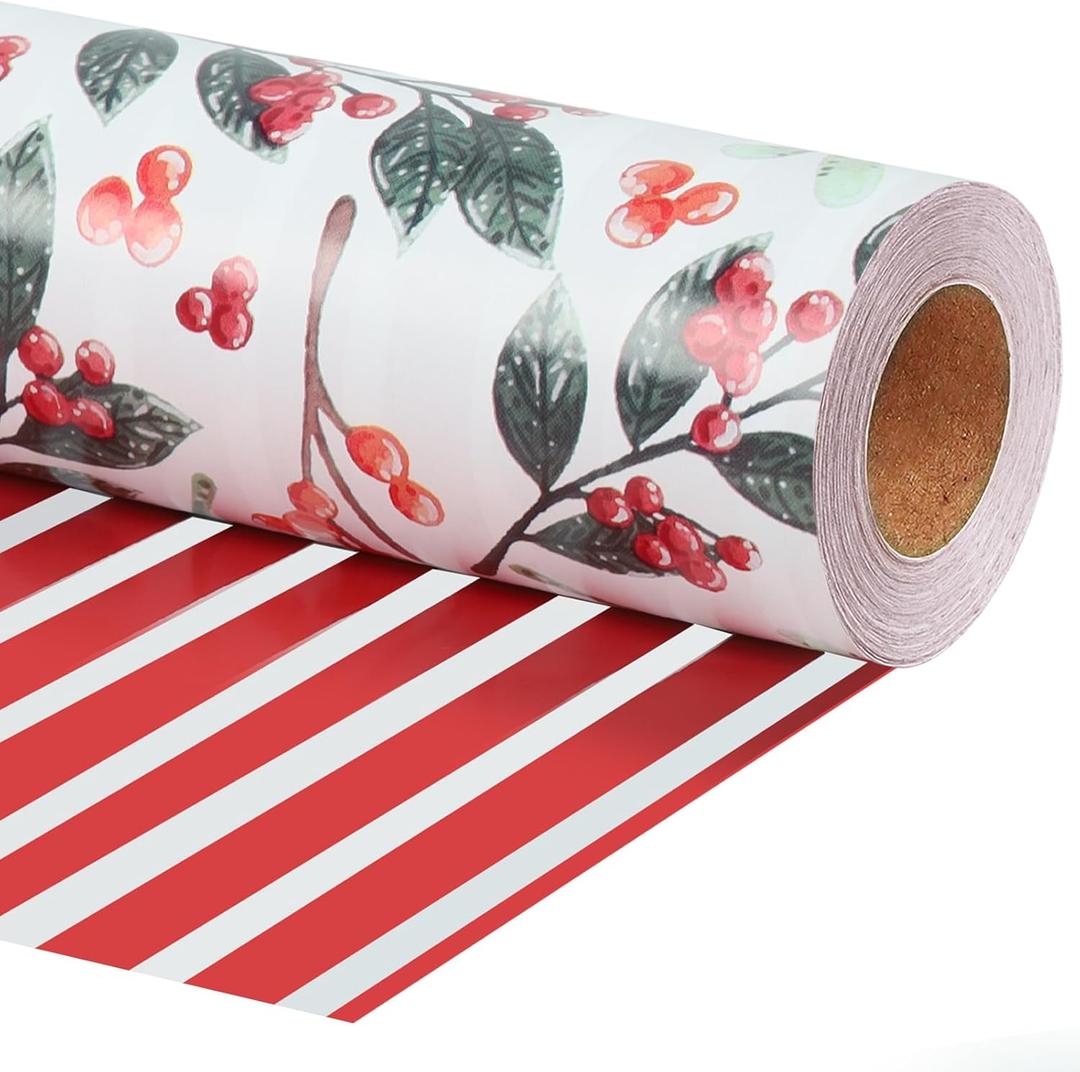 LaRibbons Reversible Christmas Wrapping Paper Roll, Vintage Red Berries & Red Stripe Gift Wrap for Christmas, Season Party, Xmas, 17 Inch x 33 Feet (Greens and Berries)