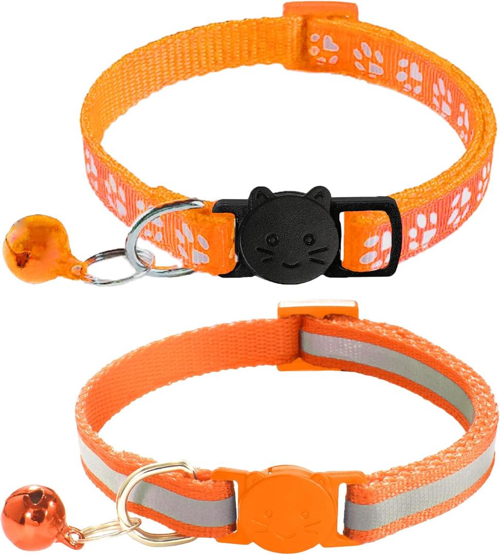 2 Pack Breakaway Cat Collars with Bells, Reflective Design and Claw Print Design, Safety Buckle Kitten Collars Adjustable from 7.5 to 12.5 Inches (Orange)