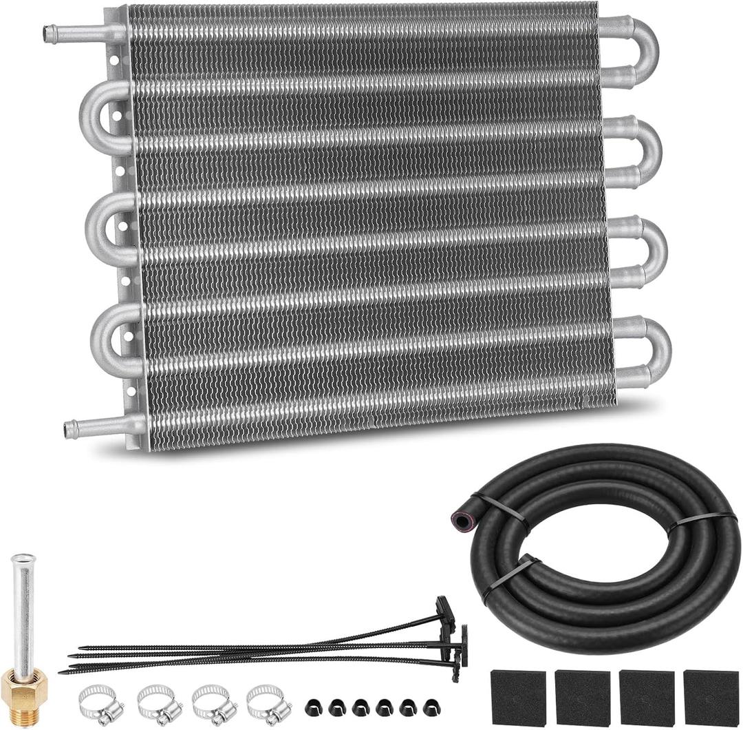 8 Pass Aluminium Transmission Oil Cooler, 5/ 16" Universal 8 Rows Tube amd Fin Cooler Kit engine with Hose Mounting, Silver