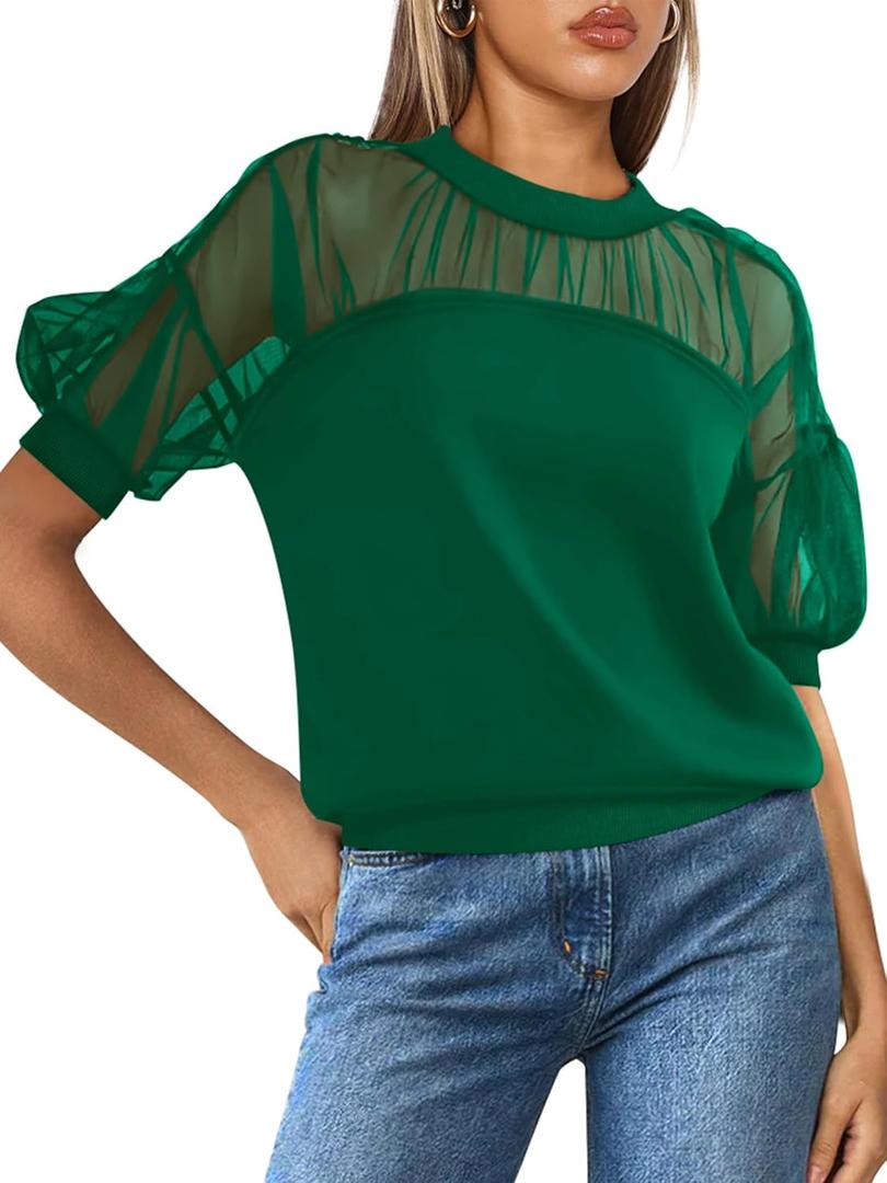 PRETTYGARDEN Women's 2025 Summer Crew Neck Short Sleeve Shirts Lace Going Out Sheer Mesh Crop Tops Dressy Casual Blouses (L)