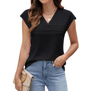 Blooming Jelly Women's Summer Tops Cap Sleeve Shirts Dressy Casual Business Trendy Blouses Pleated Front V Neck Outfits (Black)