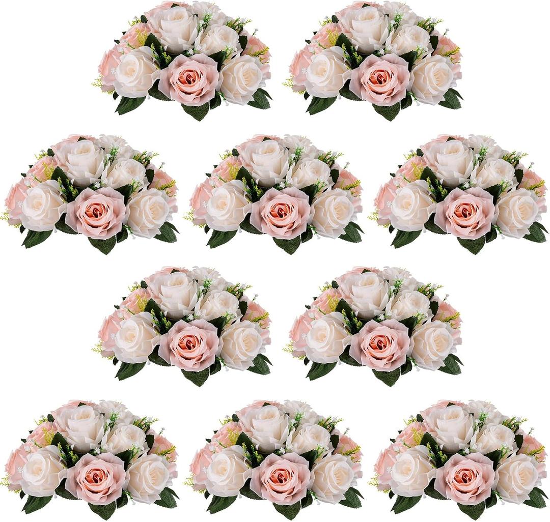 NUPTIO Flower Balls for Wedding Centre pieces - 10 Pcs 9.5in Diameter Artificial Flower Ball Arrangement Bouquet Peachy Pink & Creamy White Fake Rose Flowers Party Centerpieces for Weddings Tables