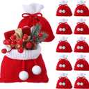 Sweetude 12 Pcs Christmas Knit Santa Bag with Drawstring Small Christmas Red Santa Gift Bags Knitted Presents Drawstring Pouches for Xmas Candy Wedding Supplies, 6.5 x 5.1 Inches