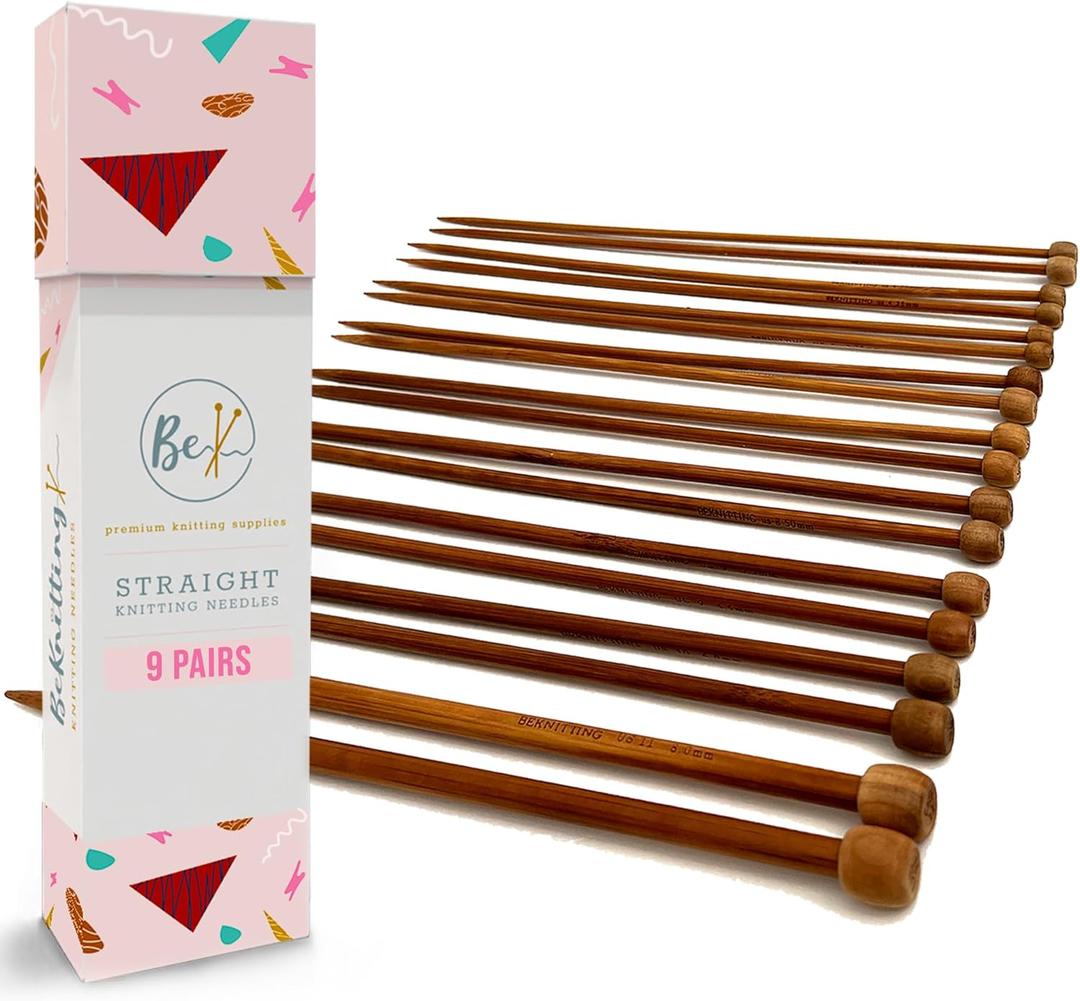 BeKnitting 9pc (10") High-Quality Bamboo Straight Knitting Needles Set for Adults & Kids | Carrying Case | Holiday Christmas Gifts, Gift-Ready Box