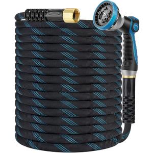 100FT Garden Hose, Non-Expandable Flexible Water Hose with 10-Pattern Spray Nozzle, Lightweight Hose Pipe, Kink-Resistant, Leak-Proof, Extended Protector & 3/4" Solid Brass Alloy, Super Fabric