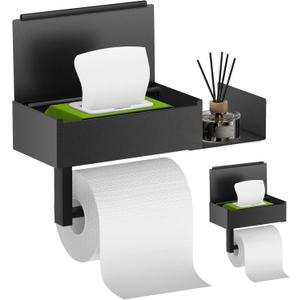 Toilet Paper Holder with Shelf, FUNLEU Self Adhesive Toilet Paper Holder with Storage, Wipe Holder for Bathroom Flushable Wipes Dispenser - Stainless Steel Toilet Holder Wall Mount, Matte Black