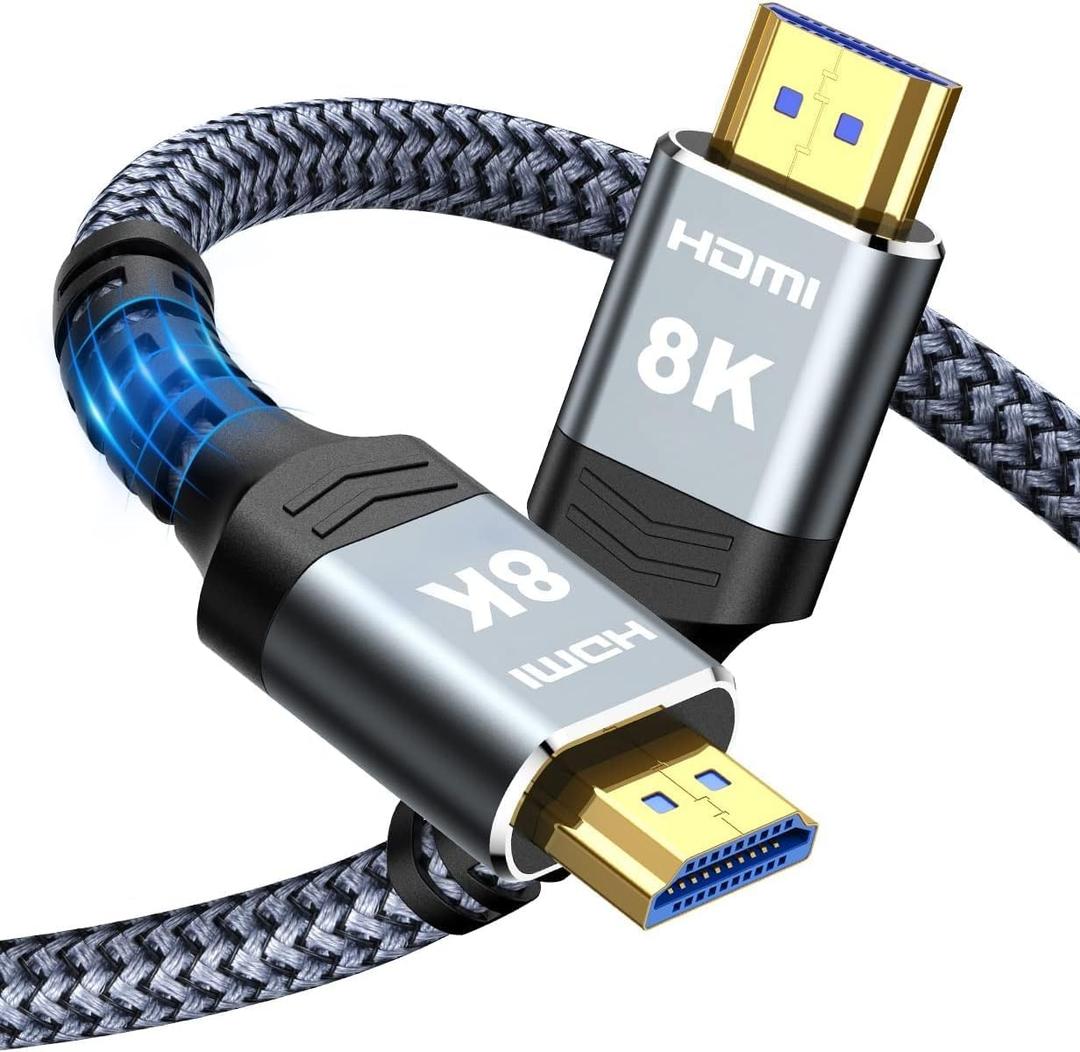 Highwings Long 8K Fiber Optic HDMI Cable 50 FT, 2.1 Unidirectional 48Gbps Ultra High-Speed Slim HDMI Braided Cord 8K60Hz 4K120Hz HDR/eARC HDCP 2.2/3D Compatible for PS5 and DVD Player (50feet, Grey)