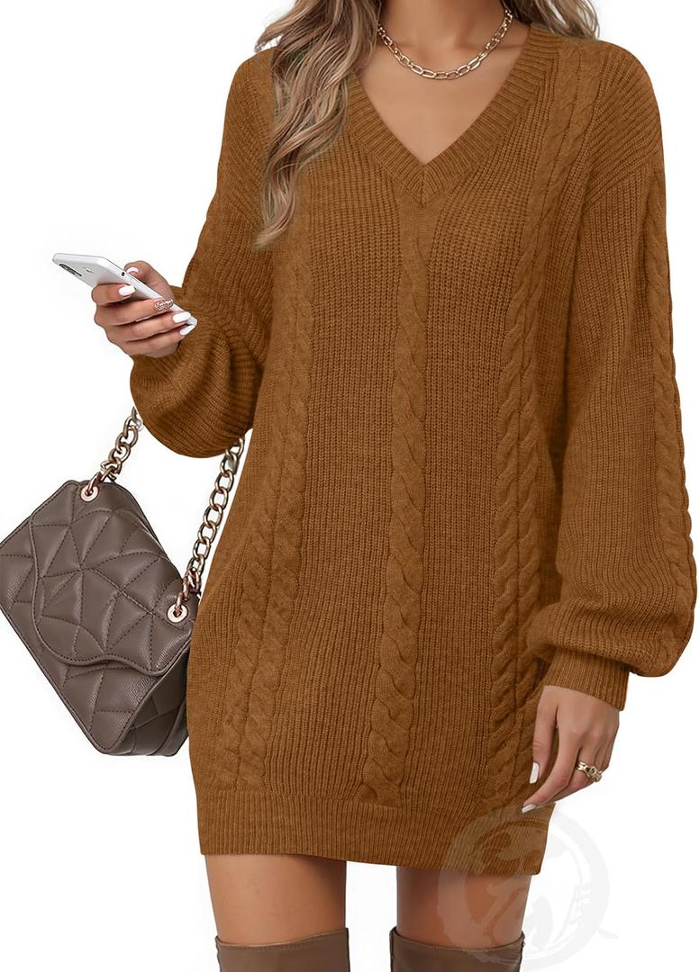 Women's Pullovers Jumper Sweaters Lantern Sleeve Casual V Neck Fall Knit Mini Sweater Dresses (Caramel)