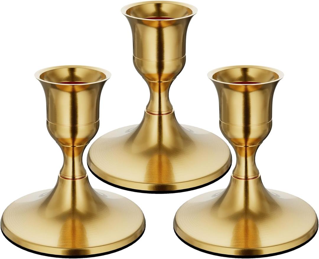 Brass Gold Taper Candle Holders Set of 3, Vintage Metal Candlestick Holders for Dinner Room Table Centerpiece or Mantel Wedding Party Decor