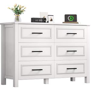 YITAHOME 6-Drawer Dresser with Built-in Power Outlet, Wood TV Stand with 6 Large Drawers and Bar Handles, White Dresser Chest of Drawers for Living Room, Hallway, Entryway