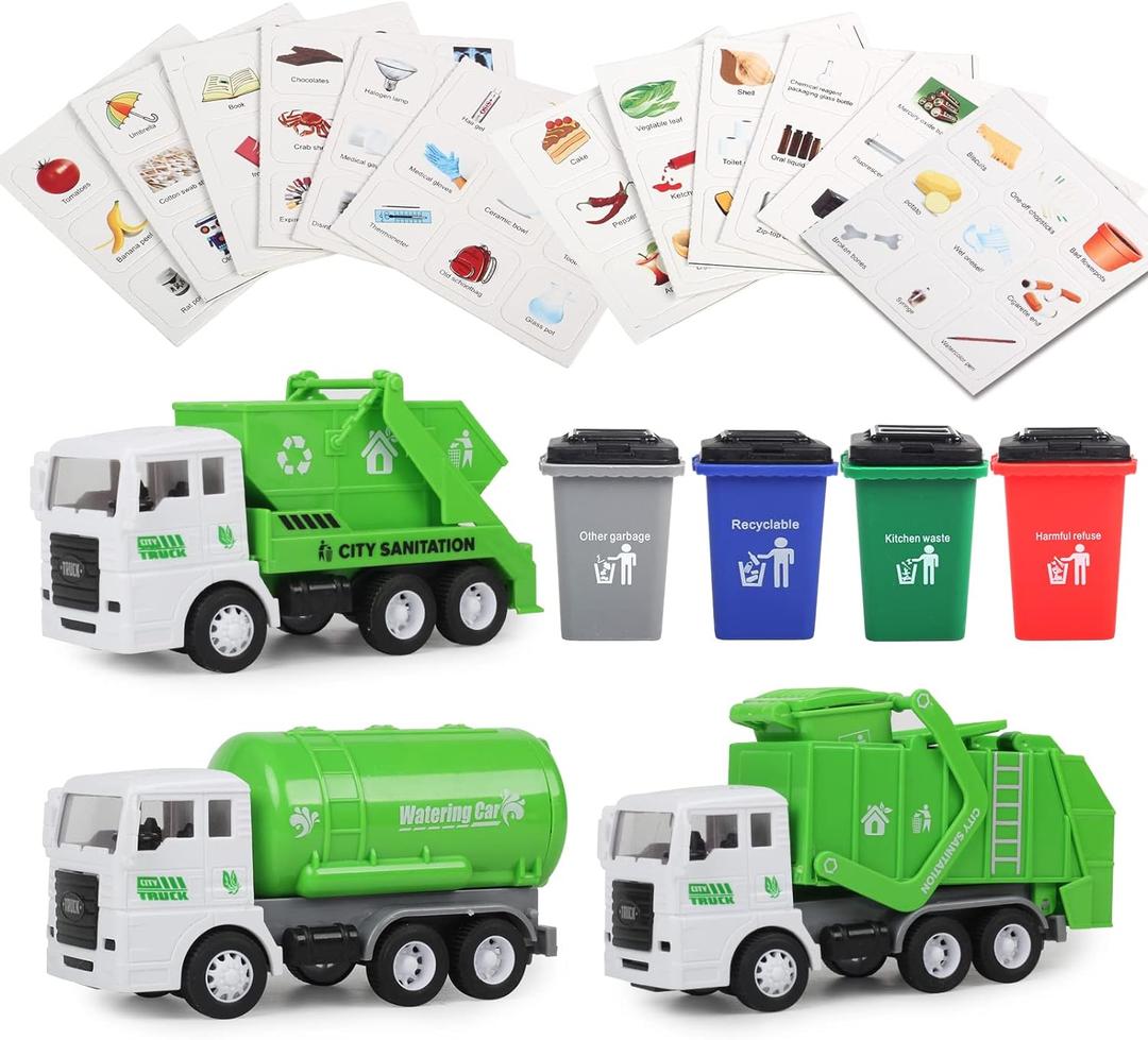 FIVEDAOGANG Garbage Truck Toy, 3 Pack Friction Powered Waste Management Garbage Truck Game with Front Load Dumpster, Back Dump Garbage,4 Trash Bins with 108 pcs Trash Cards, Gift for 3+ Years Old Kids