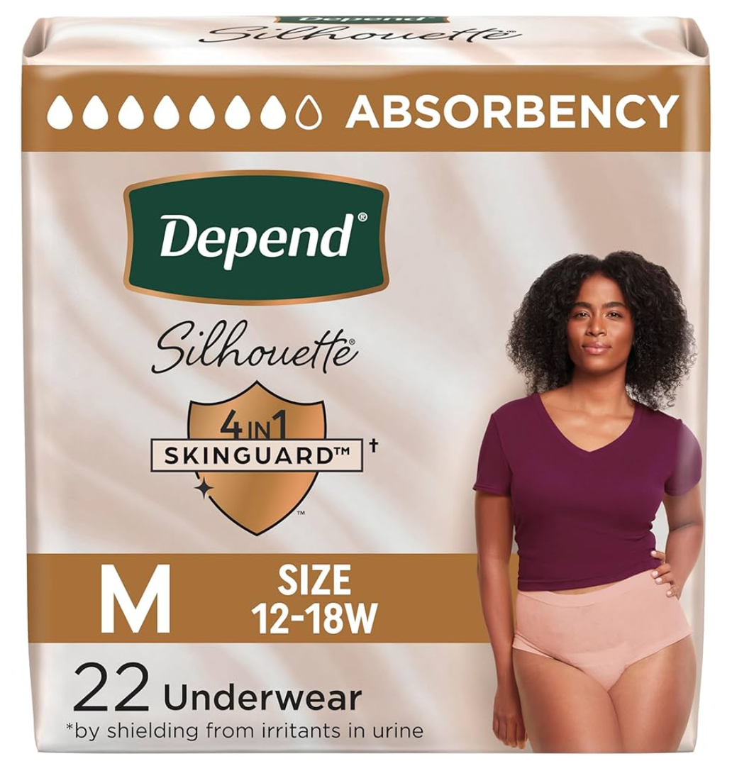 Depend Silhouette Adult Diapers, Incontinence & Postpartum Bladder Leak Underwear for Women, Maximum Absorbency, Medium, Pink, 22 Count, Packaging May Vary
