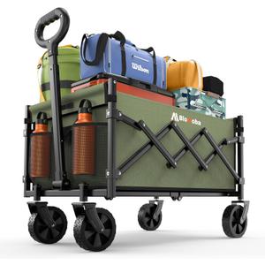 Collapsible Wagon with Wheels, 220 lbs Wagons Carts Foldable Wagon Cart with Flexible Handle, Lightweight Portable Folding Utility Grocery Shopping Cart for Grocery Sports Garden Camping, Green (Medium)