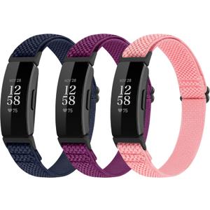 Adjustable Elastic Nylon Sport Bands Compatible with Fitbit Inspire 3/Inspire 2/Inspire/Inspire HR/Ace 2/Ace 3, Soft Loop Stretchy Straps Replacement Wristbands for Fitbit Inspire Women Men (Indigo+Purple+Pink)