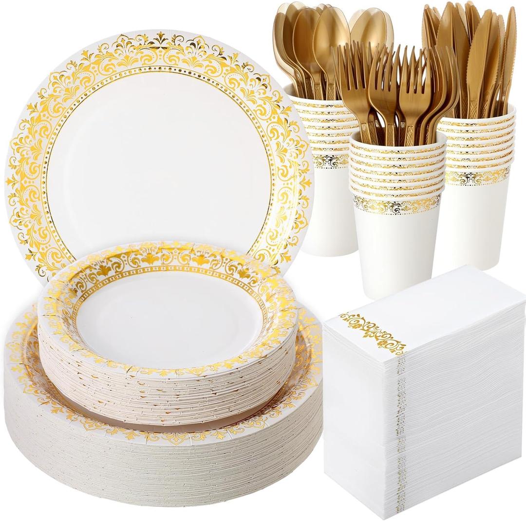 700 Pcs Disposable Dinnerware Set for 100 Guests Include 200 Paper Plates, 300 Plastic Silverware, 100 Paper Cups, 100 Napkins for Wedding Birthday Party Supplies (White Gold Pattern)