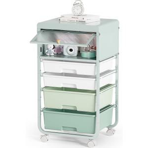 SYKIARIOL Utility-Rolling-Storage-Drawer-Craft-Cart-Organizers with 4 Drawers & Dust-proof Door for Kid Craft Art Room,Bedroom,Home Office, 4 Tiers Drawer Cart, Green