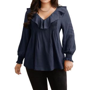 Womens Indigo Solid Texture Pleated Ruffle Trim Blouse V Neck Long Sleeve Top Casual Shirt, XL