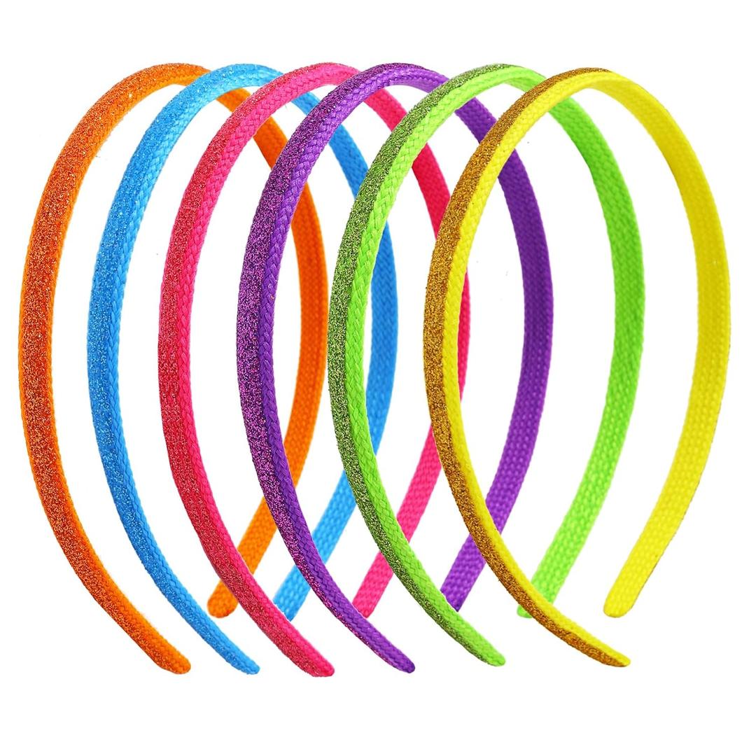 6-Pack Glitter & Solid Thin Headbands for Girls & Women - Colorful Narrow Skinny Hairbands - Rainbow Sparkle Non-Slip Headbands for Daily Wear, Parties & Gifts