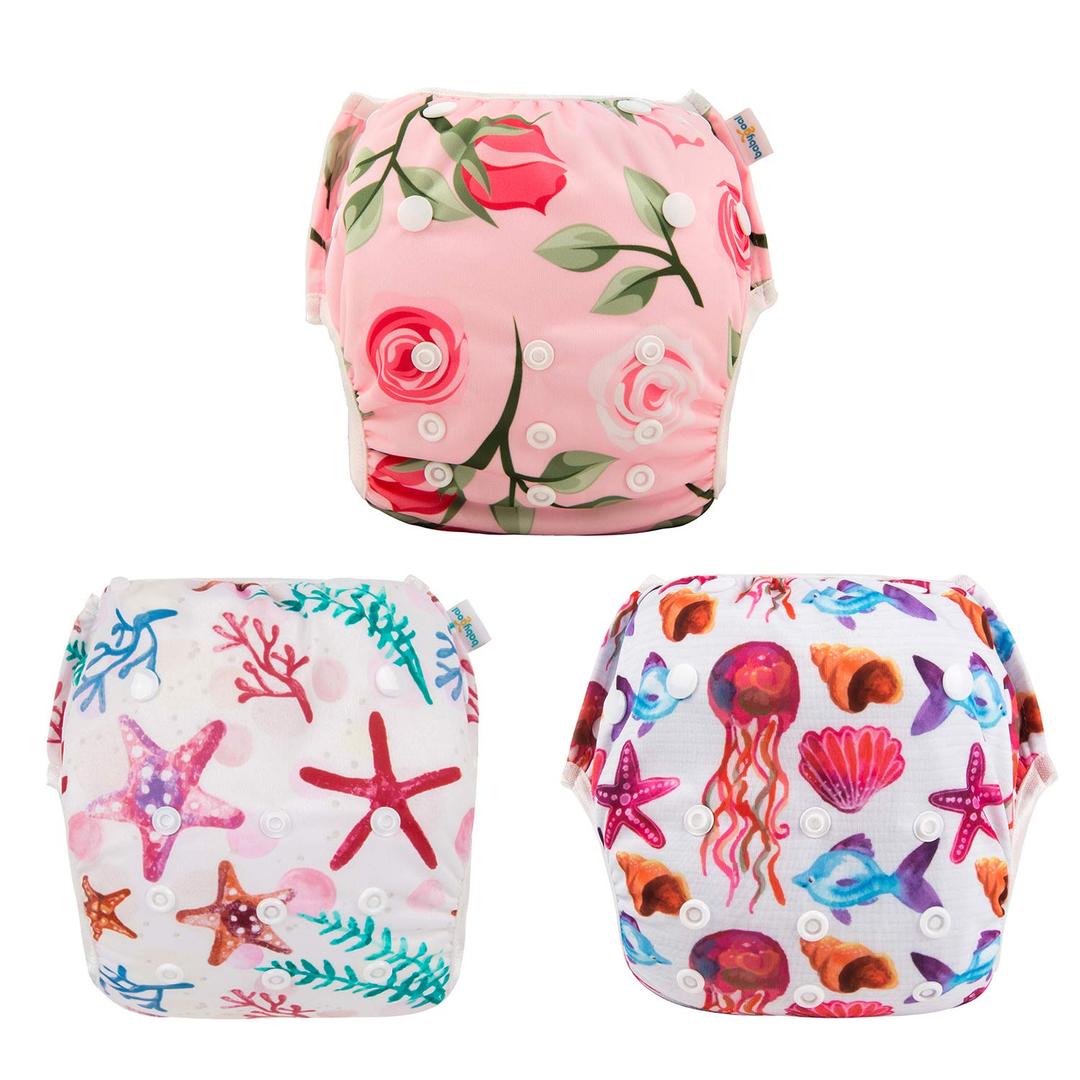 Babygoal Baby & Toddler Girl and Boy Swim Diapers, Reusable Adjustable Washable One Size Fits 6M-3T Gifts and Swimming Lessons 3 Pack 3ZSD06 (Large, Jellyfish & Seastar)