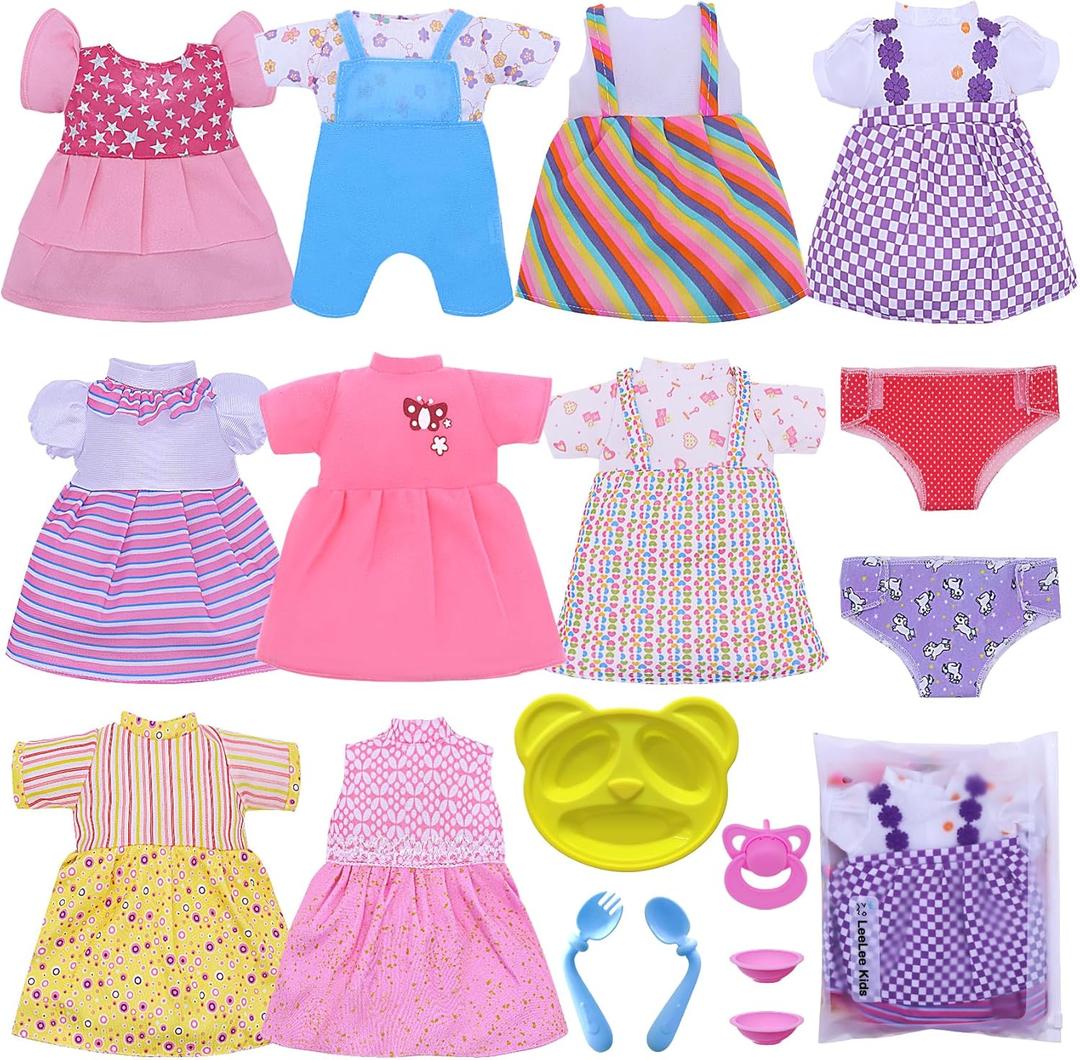 Baby Doll Clothes - Fits 12'' 13'' 14'' 15'' Girl Baby Dolls Clothes 360Sewing Dresses for with Dolls Diapers, Nipple, and Doll Accessories Pack of 18 Bag Set