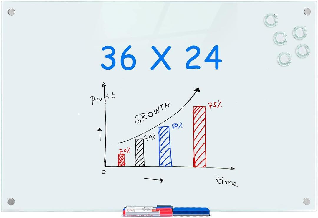 maxtek Magnetic Glass Dry Erase White Board, 36 x 24 Inches Glass Board for Wall Mounted, Includes 6 Magnets, 3 Markers and 1 Eraser for Classroom Home, Office Supplies (White)