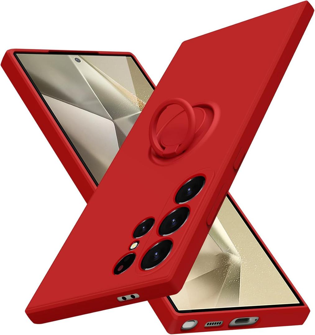 for Samsung Galaxy S24 Ultra Case with Ring,Slim Soft Liquid Silicone Phone Case,Built in 360Rotatable Ring Holder,Shockproof Protection Phone Case Red JUS04-34 CP