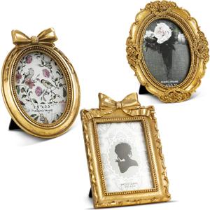 Vicenpal 3 Pcs Tiny Small Picture Frames Vintage Oval Resin Gold Black Vintage Baroque Ornate Antique Picture Frames for Home Wedding Display(2.5 x 3.5 Inch,Gold)