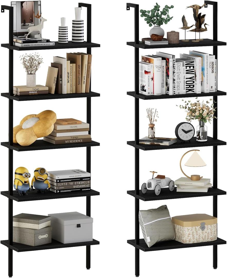 aboxoo Ladder Shelf 2PCS Open Bookshelf 5-Tier Wood Wall-Mounted Black Bookcase Storage Rack Open Industrial Modern Plant Stand Utility Organizer Bookcase Metal Frame Furniture Office Kitchen Bedroom