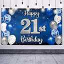 Nelbiirth Happy 21st Birthday Decorations,21 Blue & Silver Balloon Large Birthday Banner Backdrop Sign,21st Bday Party Supplies.