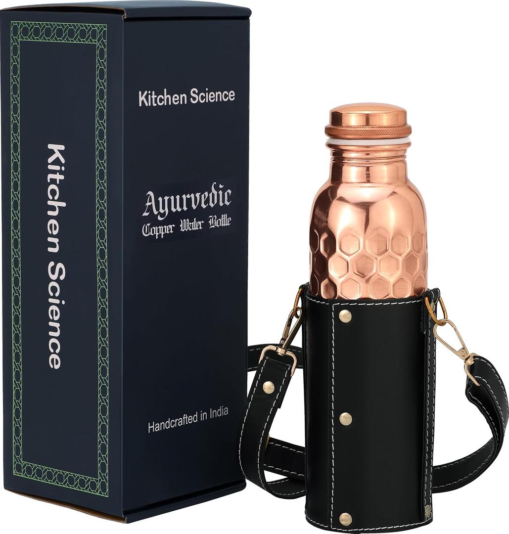 Kitchen Science Authentic Ayurvedic Copper Bottle (34oz/1000ml) Leather Sling for Drinking Water | Lab-Tested, Leak-Proof & Heavy-Duty (Black)