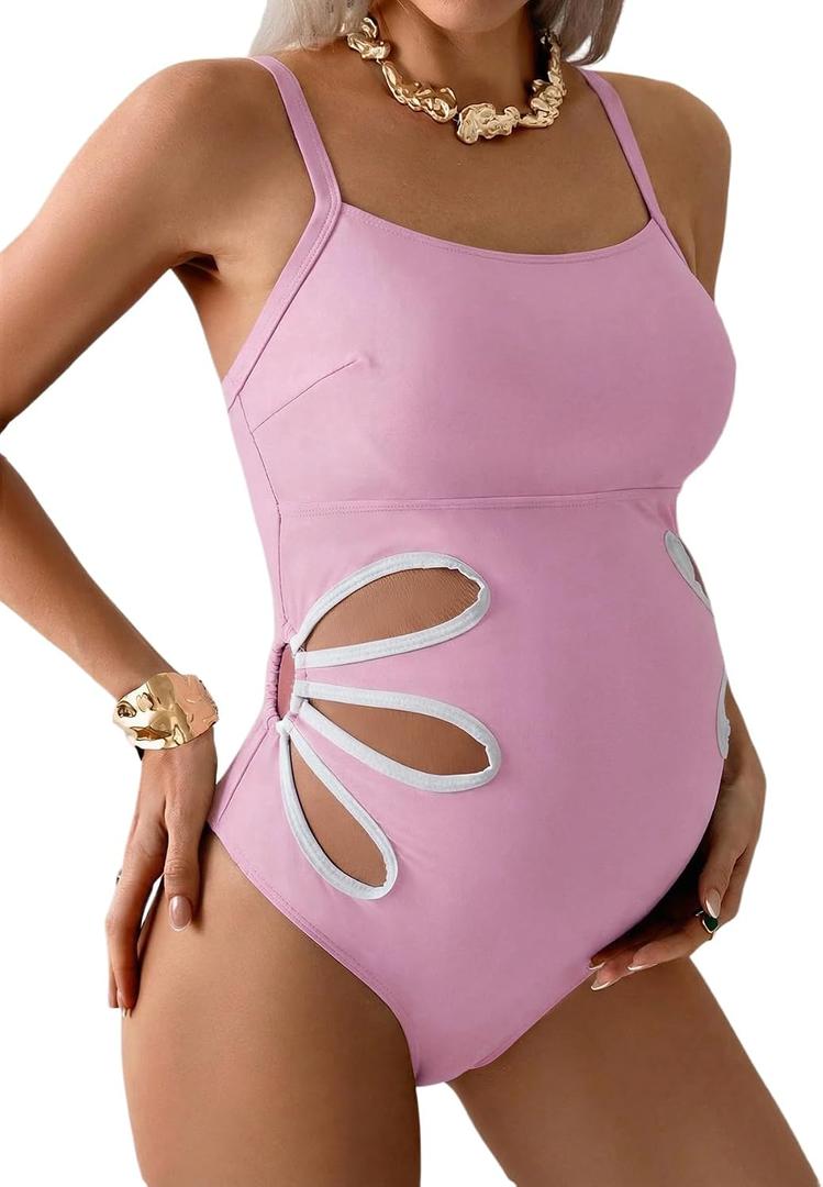 OYOANGLE Women's Maternity One Piece Swimsuits Cut Out Spaghetti Strap Pregnancy Bathing Suits Swimwear Light Pink X-Large