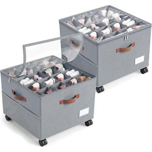 Shoe Organizer for Closet with Wheels - 2 Pack Shoe Storage Box Bin Cubes | Detachable Wheels | Fits 32 Pairs | Adjustable Dividers | Side Pockets | Clear Cover | Foldable | Stackable | Label Holder